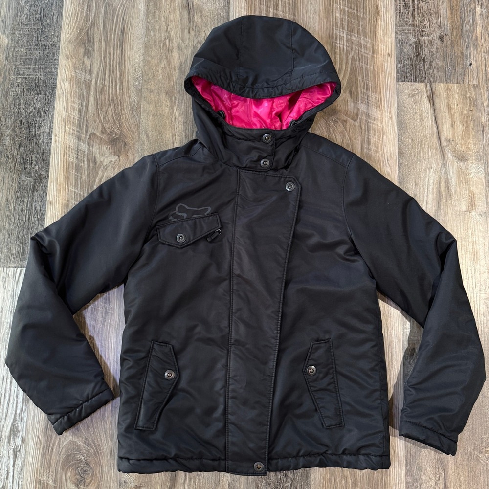Fox Racing Puffer Jacket Womens L Black Pink Hooded Y2K Moto Streetwear Coat